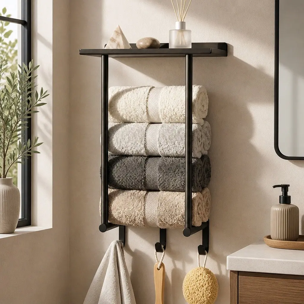Wall Mounted Towel Rack Carbon Steel 30cm x 16cm x 50cm Black