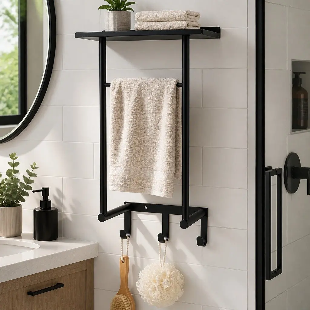 Wall Mounted Towel Rack Carbon Steel 30cm x 16cm x 50cm Black