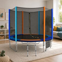 8FT Kids Trampoline Round Bouncer with Safety Enclosure Net Ladder Pad Rainbow
