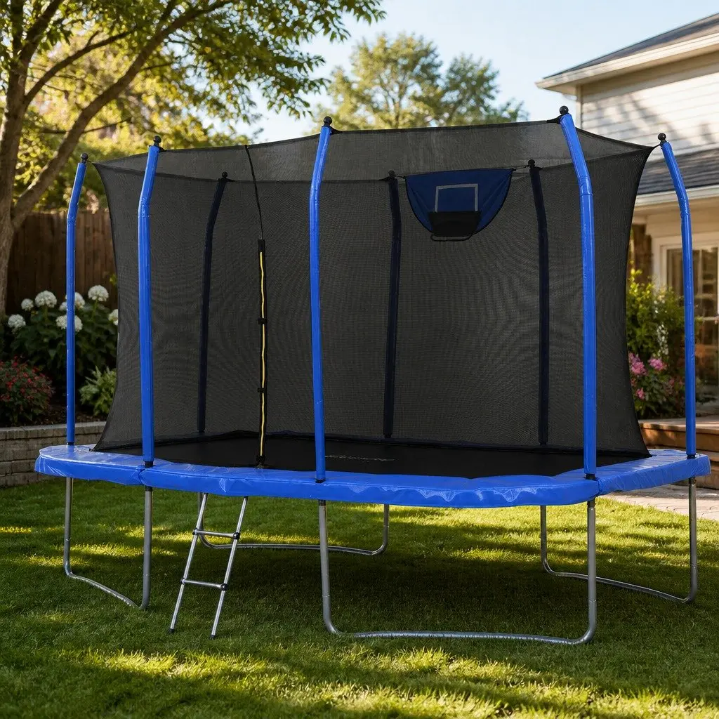 12FT Rectangle Kids Trampoline with Basketball Set