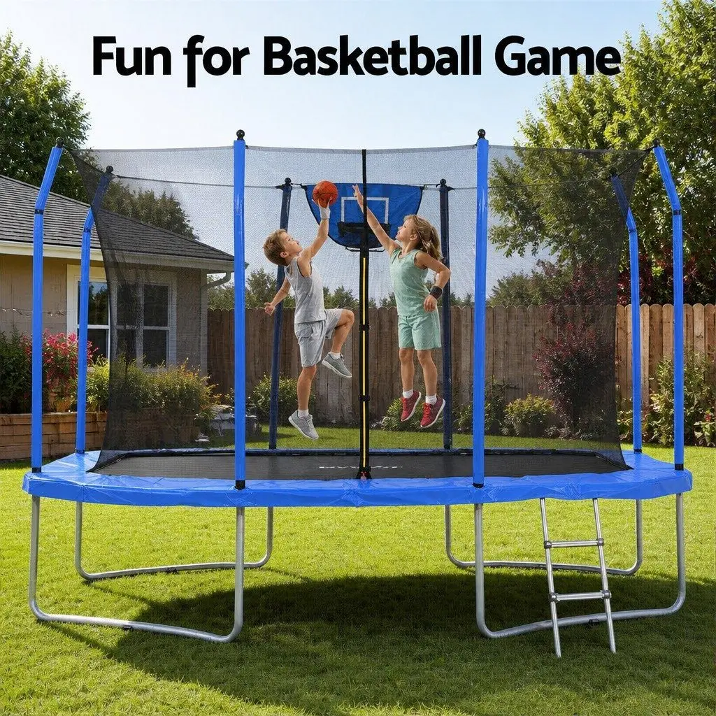 12FT Rectangle Trampoline Steel UV Resistant Enclosed Safety Net Basketball Set