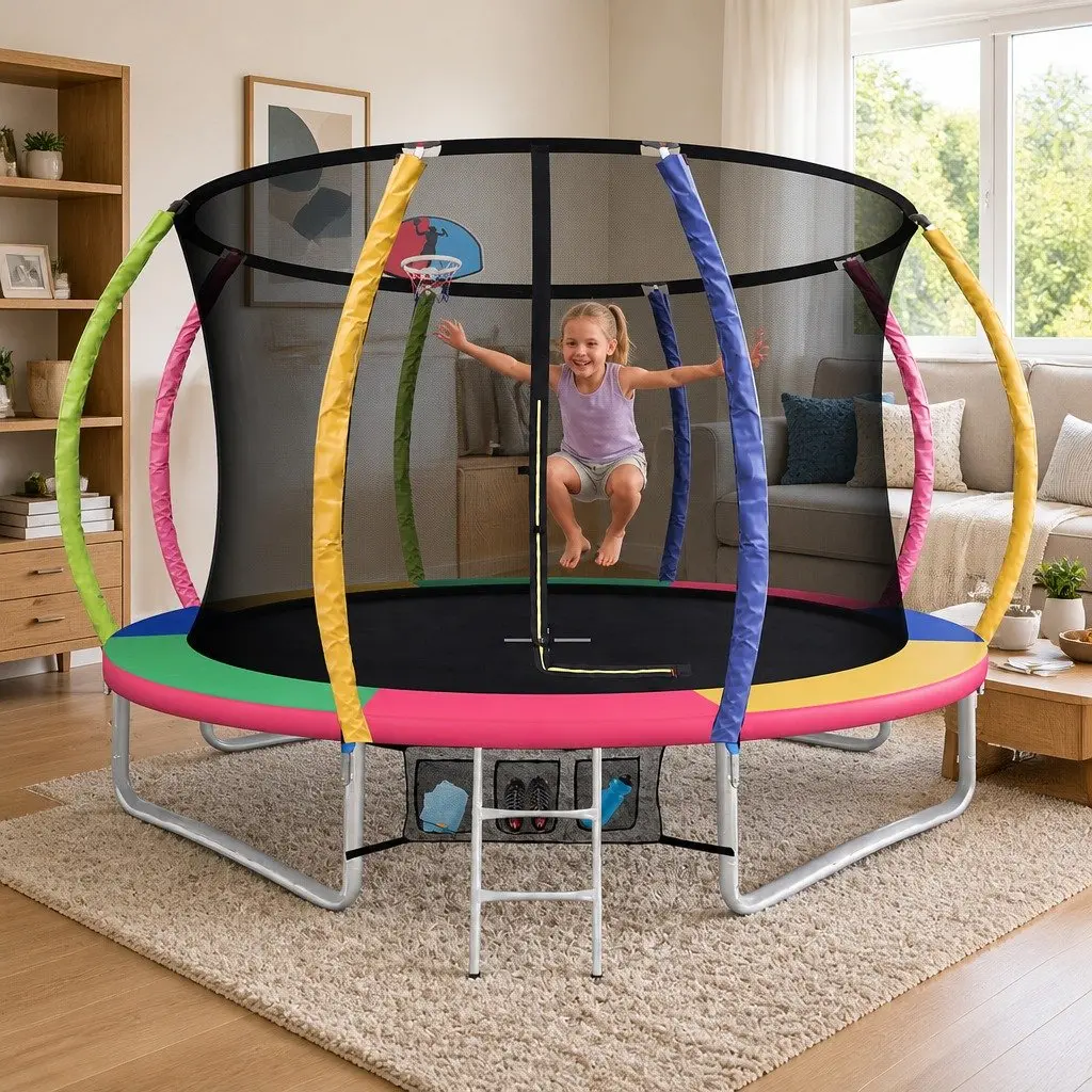 Kids Trampoline 10FT Steel UV-Resistant Multi-Coloured with Safety Enclosure Net and Integrated Ladder