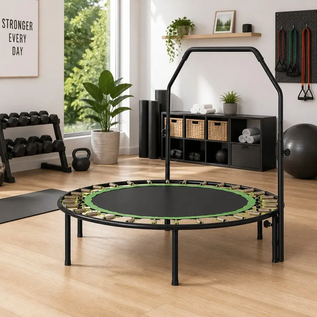 Round Fitness Trampoline Steel 48 Inch Black Green Adjustable Handrail