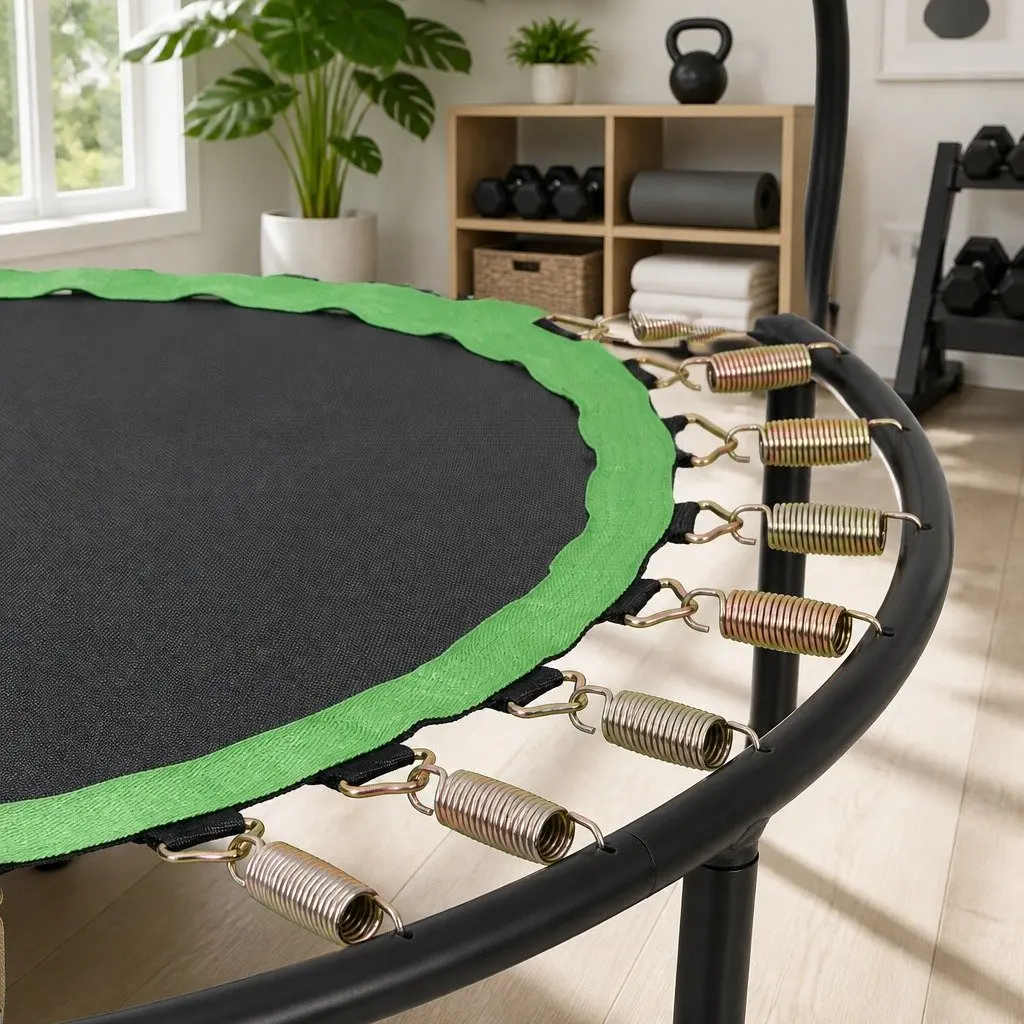 Round Fitness Trampoline Steel 48 Inch Black Green Adjustable Handrail