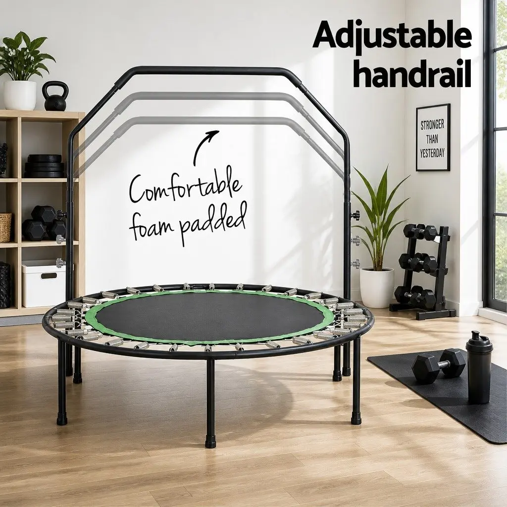 Round Fitness Trampoline Steel 48 Inch Black Green Adjustable Handrail