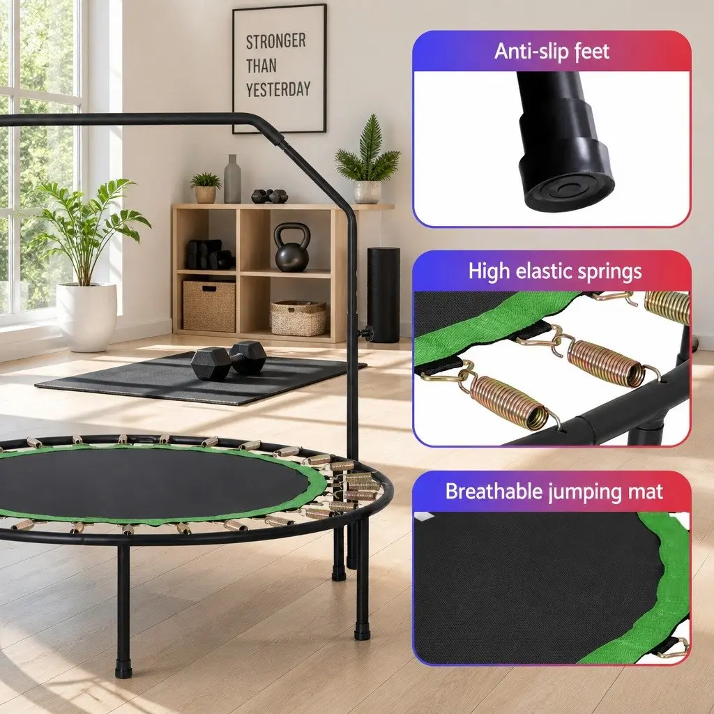 Round Fitness Trampoline Steel 48 Inch Black Green Adjustable Handrail