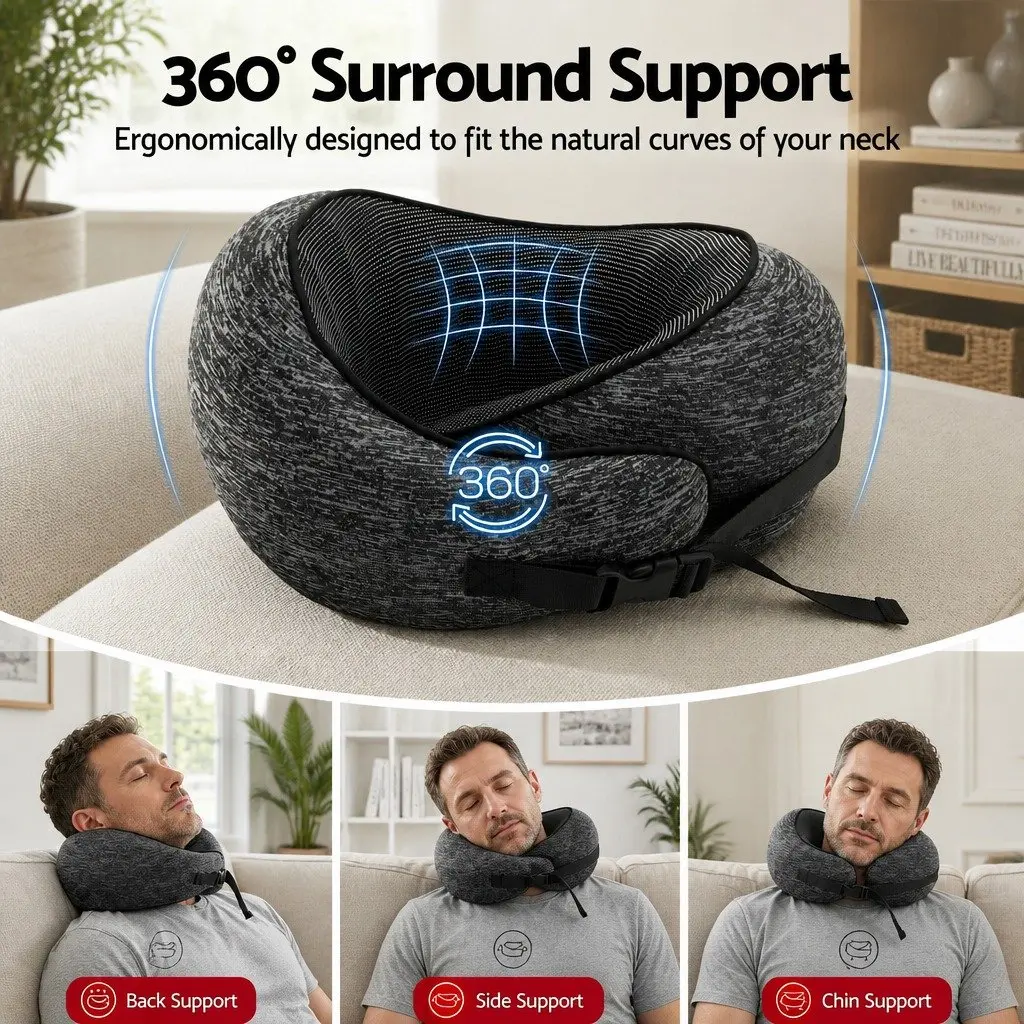 Travel Neck Pillow Memory Foam Ergonomic Support for Airplane Car Train Office