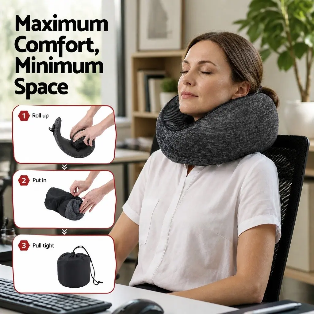 Travel Neck Pillow Memory Foam Ergonomic Support for Airplane Car Train Office