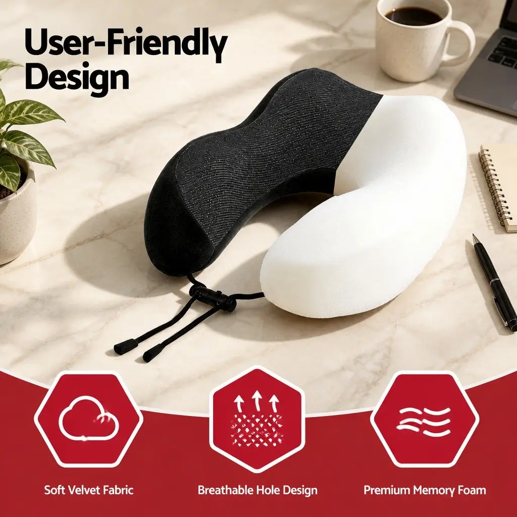 Travel Neck Pillow Memory Foam 27 x 27 x 13 cm Black