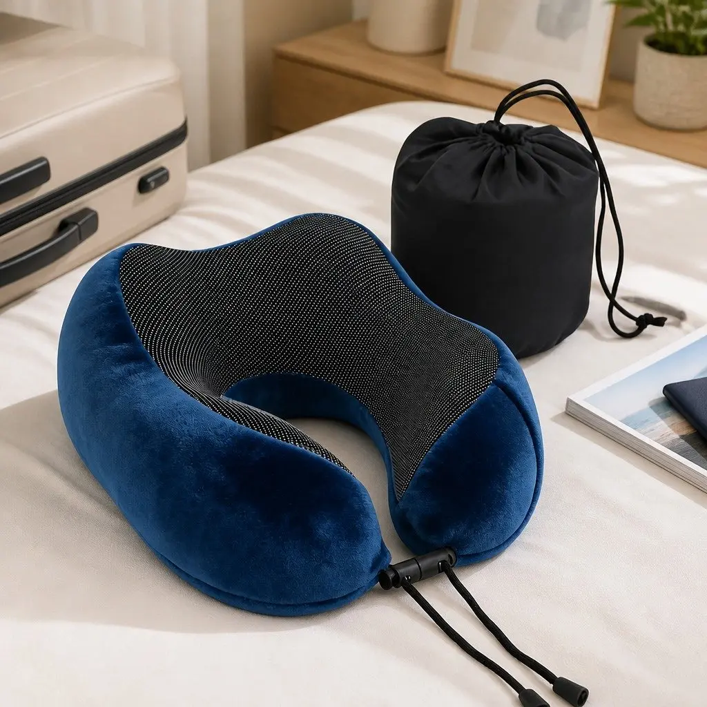 Portable Memory Foam Neck Pillow in Blue with Storage Bag