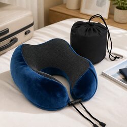 Portable Memory Foam Neck Pillow in Blue with Storage Bag