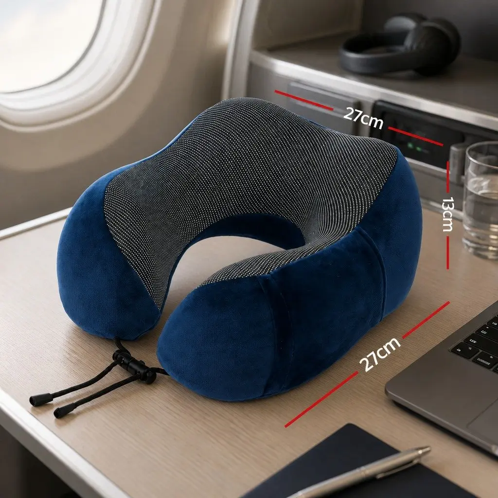 Portable Memory Foam Neck Pillow in Blue with Storage Bag