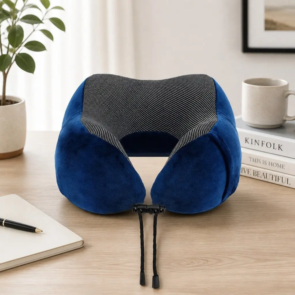 Portable Memory Foam Neck Pillow in Blue with Storage Bag