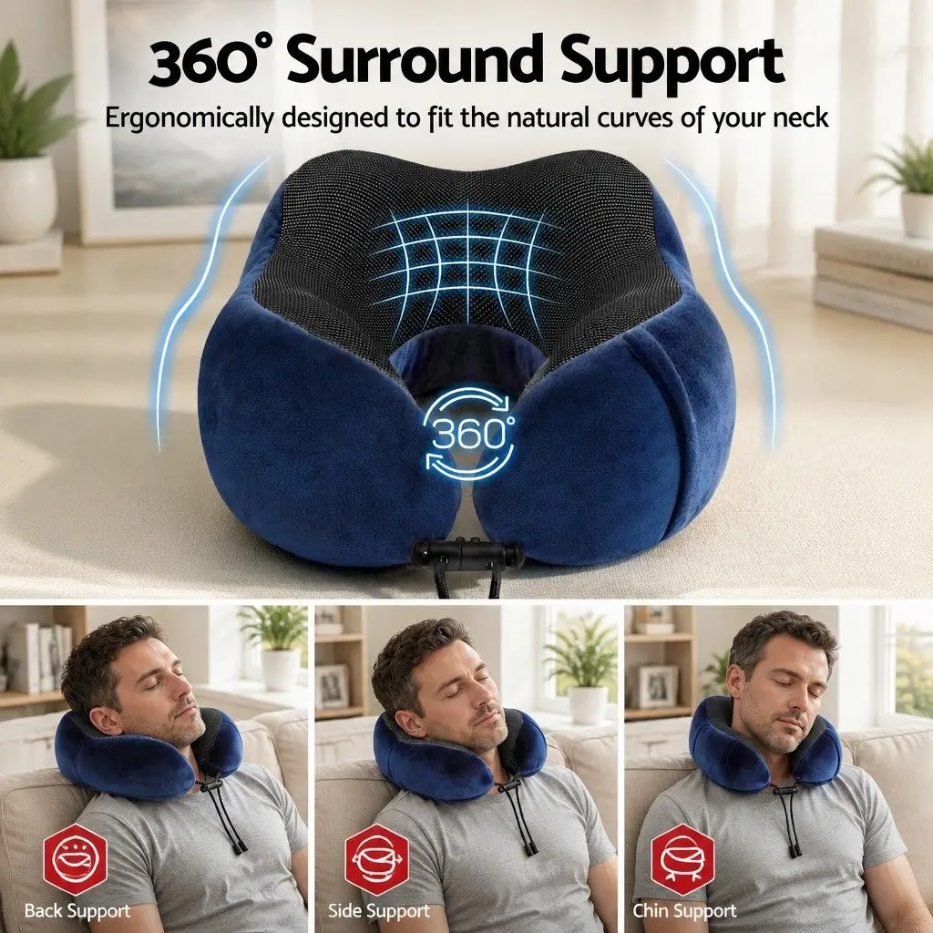 Portable Memory Foam Neck Pillow in Blue with Storage Bag
