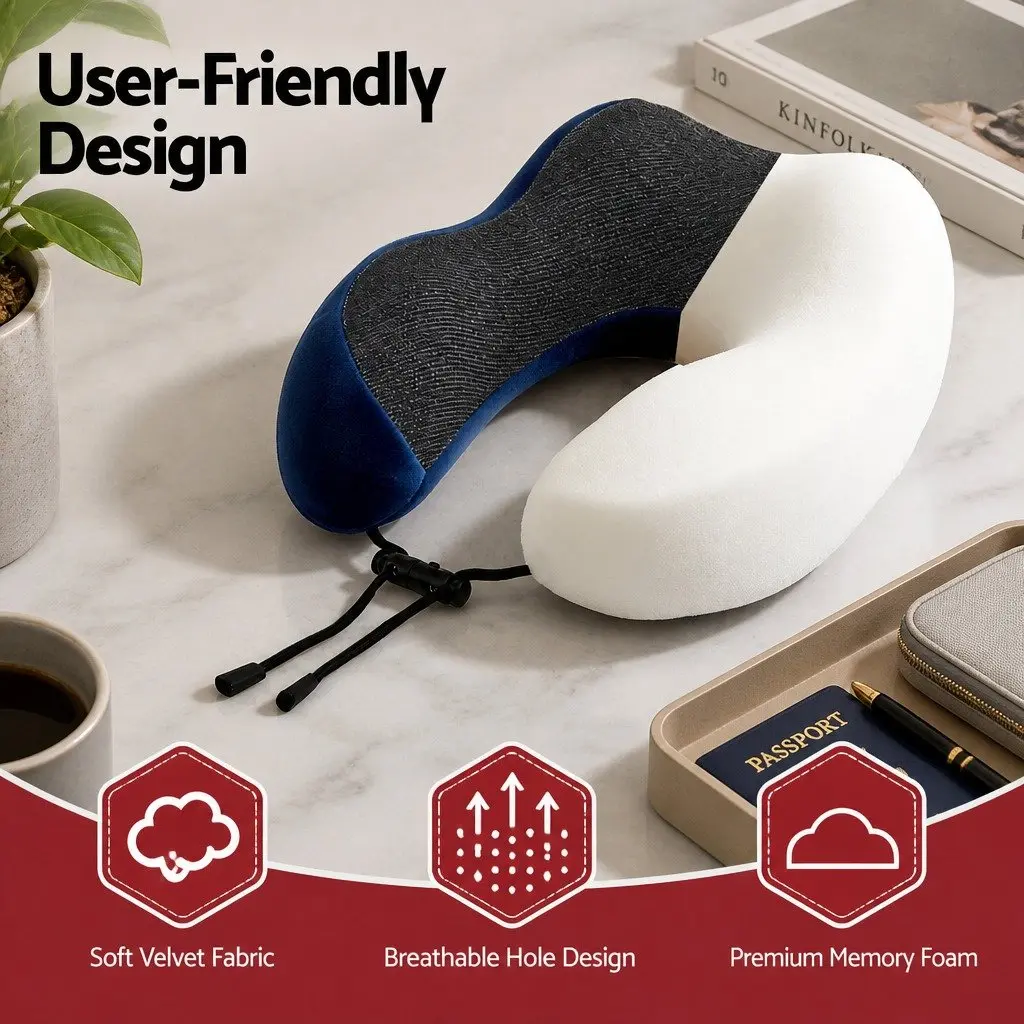 Portable Memory Foam Neck Pillow in Blue with Storage Bag