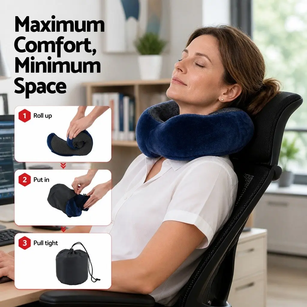 Portable Memory Foam Neck Pillow in Blue with Storage Bag