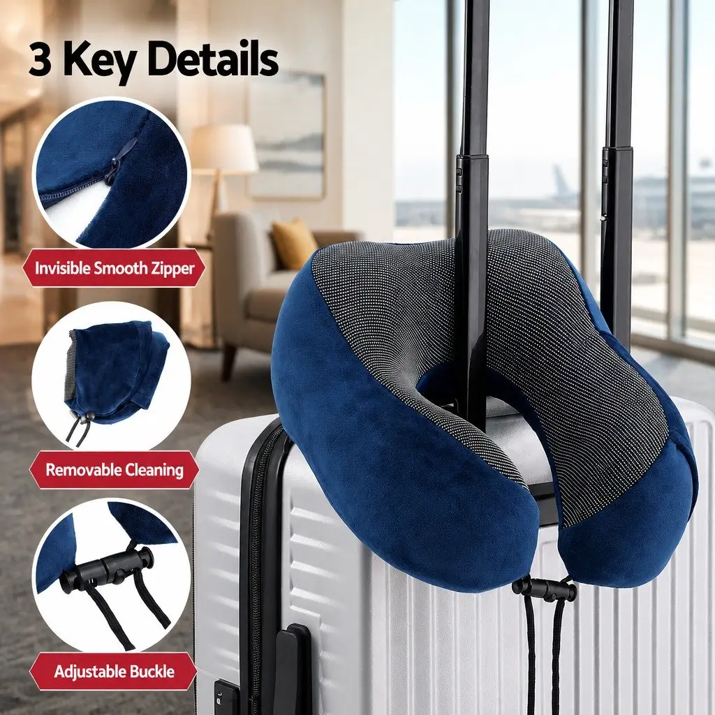 Portable Memory Foam Neck Pillow in Blue with Storage Bag