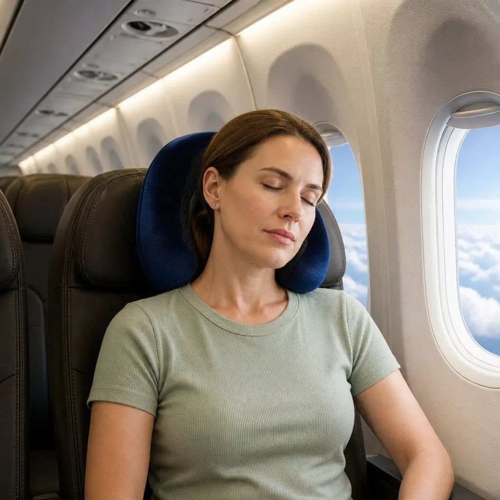 Portable Memory Foam Neck Pillow in Blue with Storage Bag