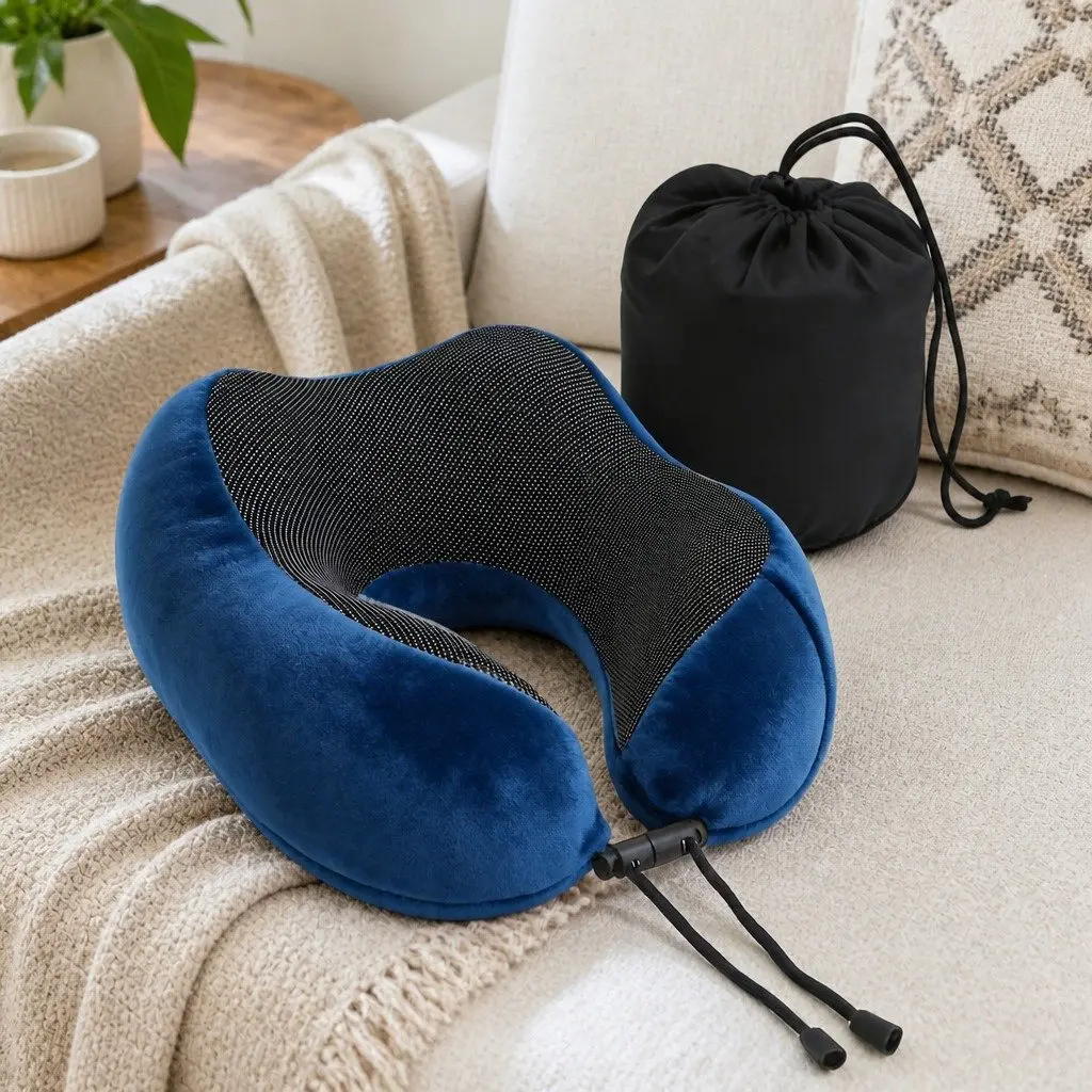 Portable Memory Foam Neck Pillow in Blue with Storage Bag
