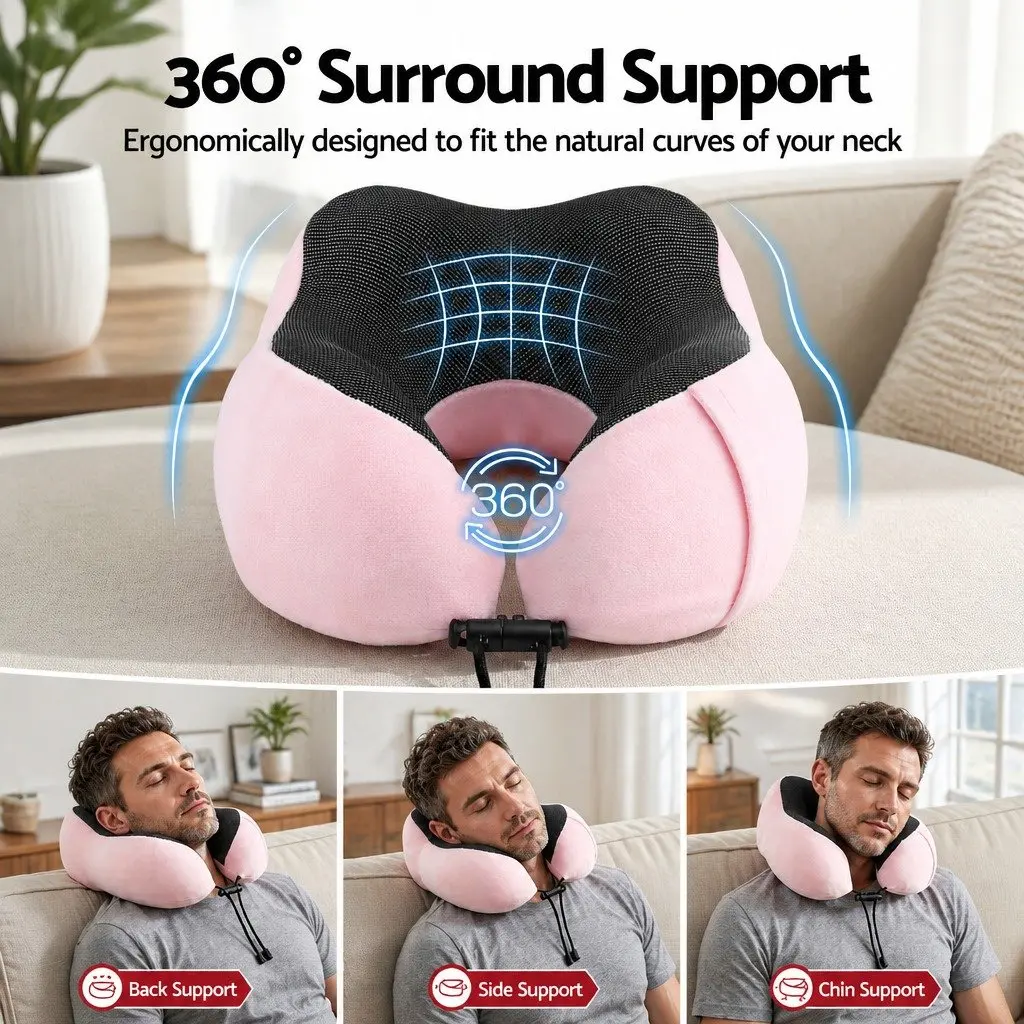 Travel Neck Pillow Memory Foam 27x27x13cm Pink