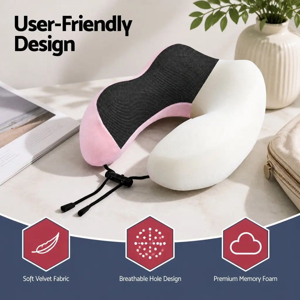 Travel Neck Pillow Memory Foam 27x27x13cm Pink