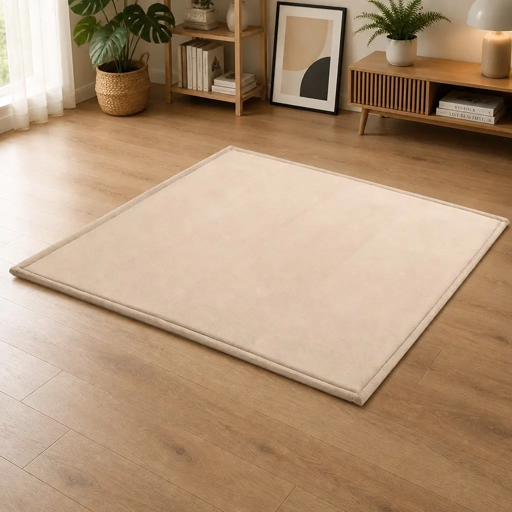 Tatami Mat Floor Mattress Coral Velvet 200cm x 200cm 3cm Thick Beige