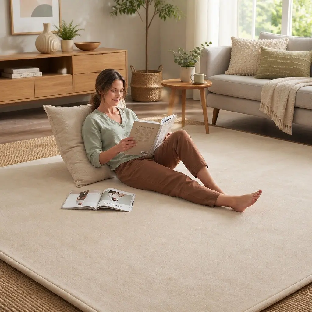 Tatami Mat Floor Mattress Coral Velvet 200cm x 200cm 3cm Thick Beige