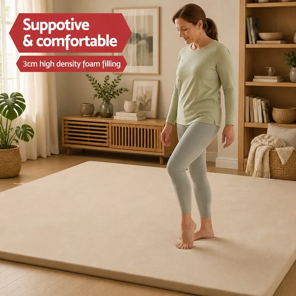 Tatami Mat Floor Mattress Coral Velvet 200cm x 200cm 3cm Thick Beige