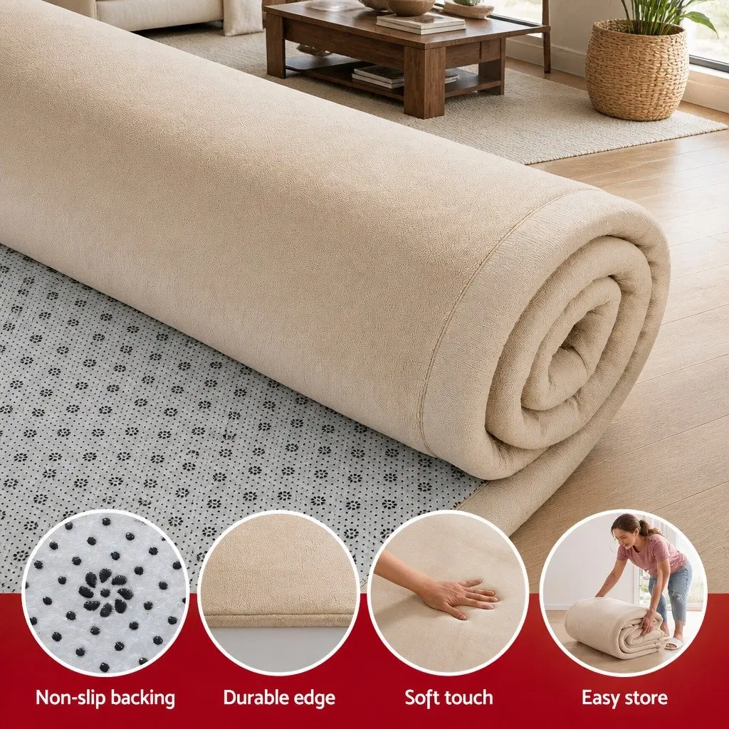 Tatami Mat Floor Mattress Coral Velvet 200cm x 200cm 3cm Thick Beige