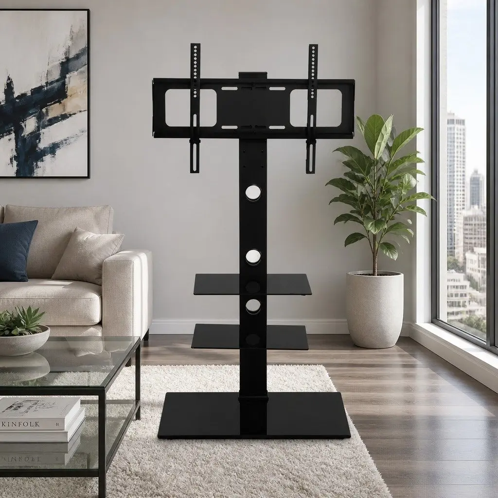 TV Stand Mount Bracket Black Iron Tempered Glass 3 Tier Storage Shelf 32 to 70 Inch