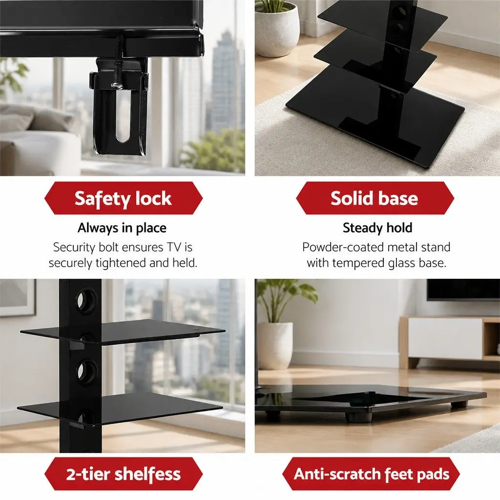 TV Stand Mount Bracket Black Iron Tempered Glass 3 Tier Storage Shelf 32 to 70 Inch