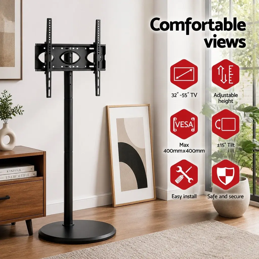 Mobile TV Stand MDF Steel 32-55 Inch Adjustable Height Tilt Black