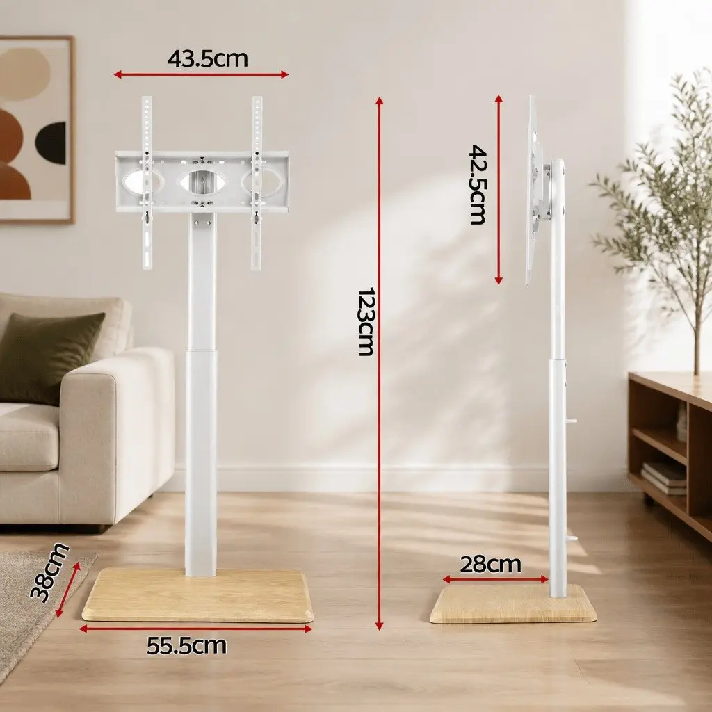 TV Stand Steel MDF 24-55 Inch White Swivel Floor Mount Height Adjustable Wheels
