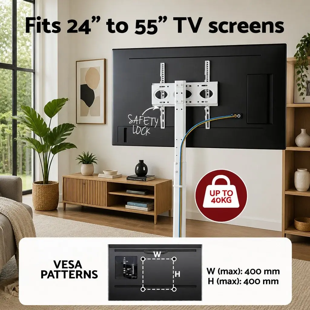 TV Stand Steel MDF 24-55 Inch White Swivel Floor Mount Height Adjustable Wheels