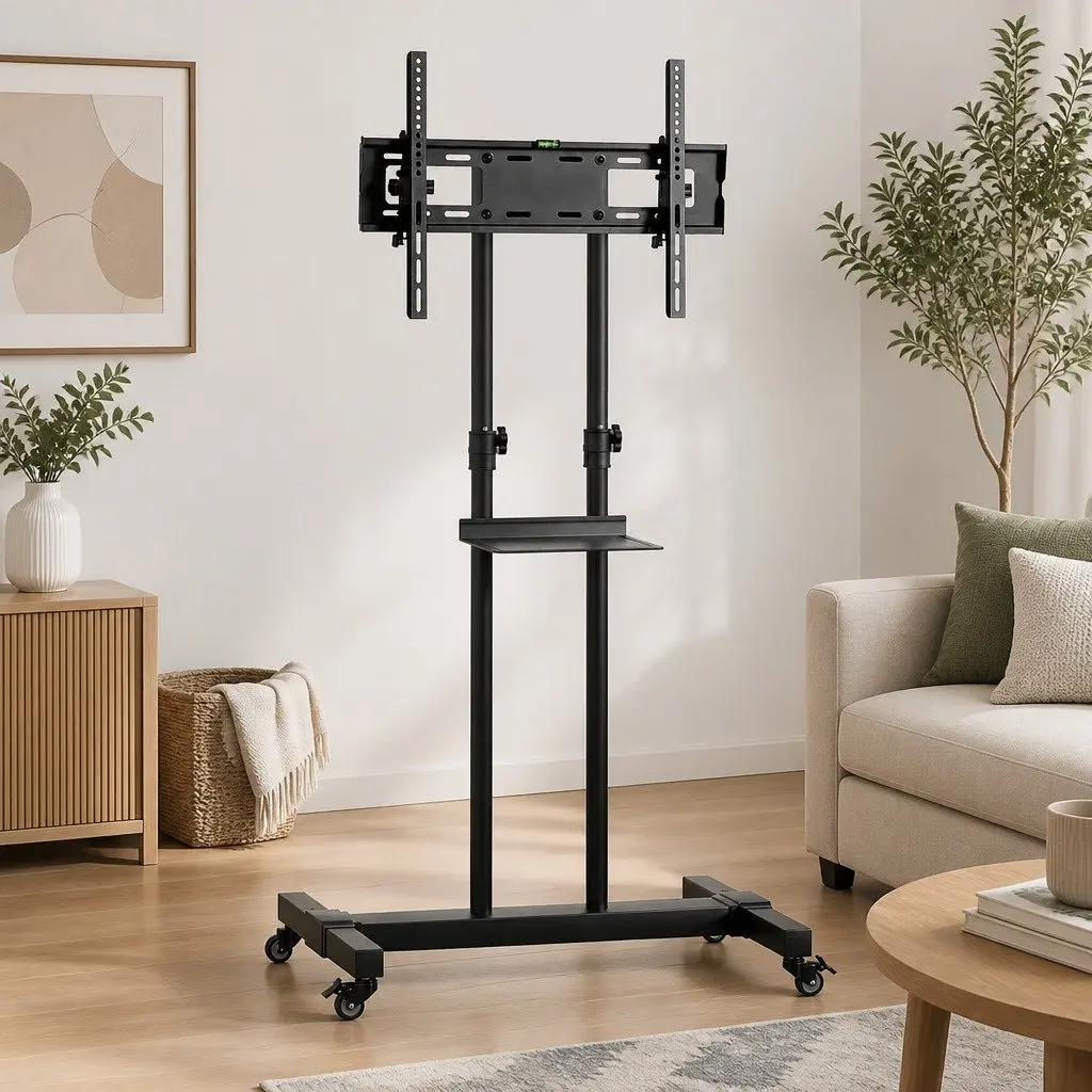 TV Stand Steel 23-65 Inch Black Adjustable Height Mobile Trolley Cart