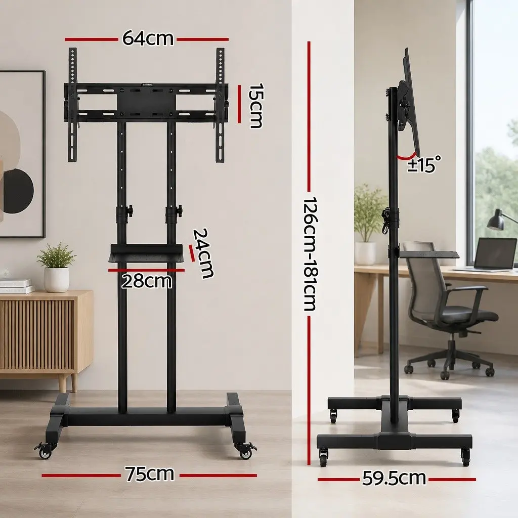 TV Stand Steel 23-65 Inch Black Adjustable Height Mobile Trolley Cart