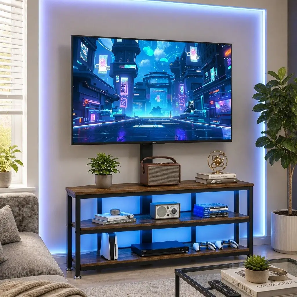 Corner TV Stand Steel Frame MDF Shelves 32-70 Inch Black