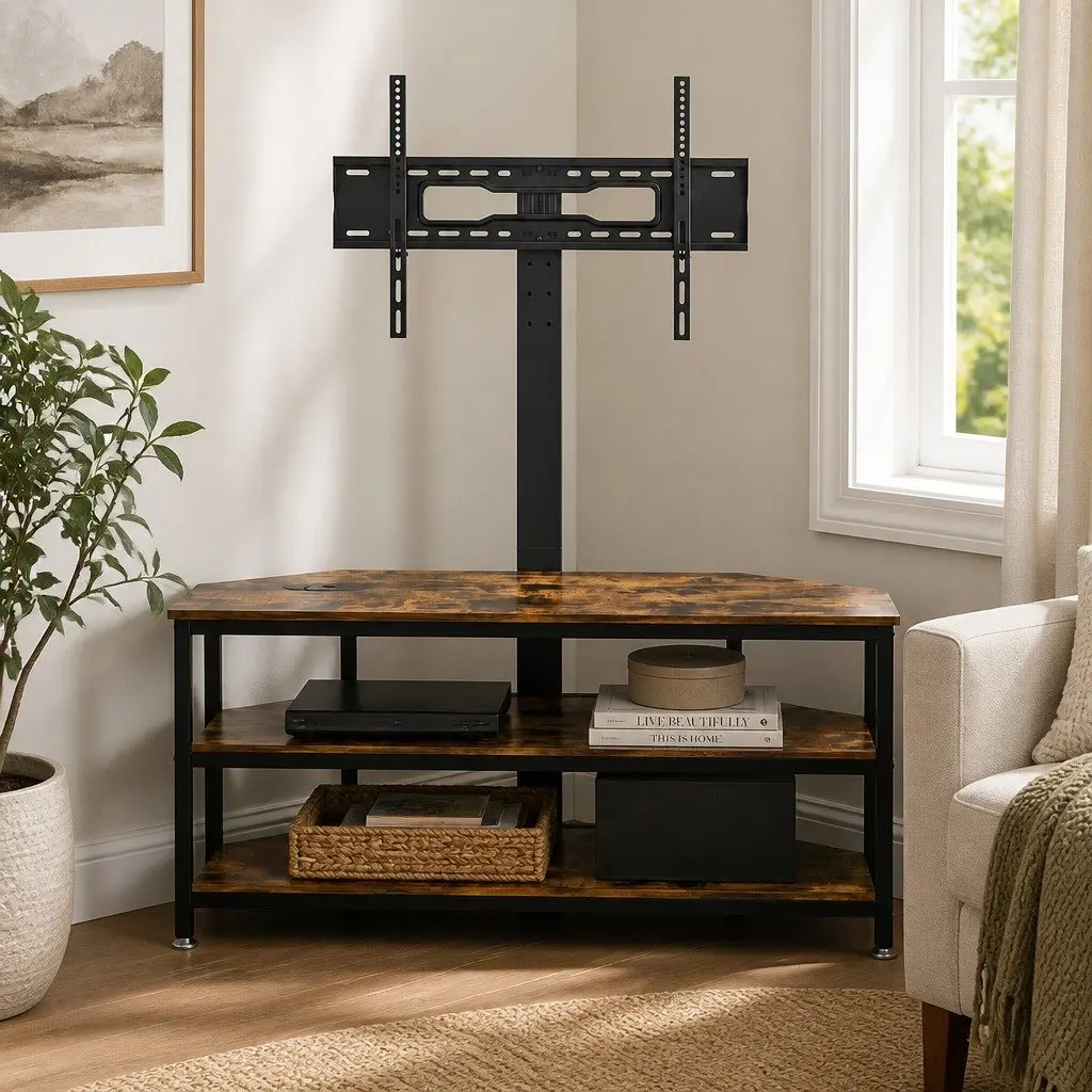 Corner TV Stand Steel Frame MDF Shelves 32-70 Inch Black