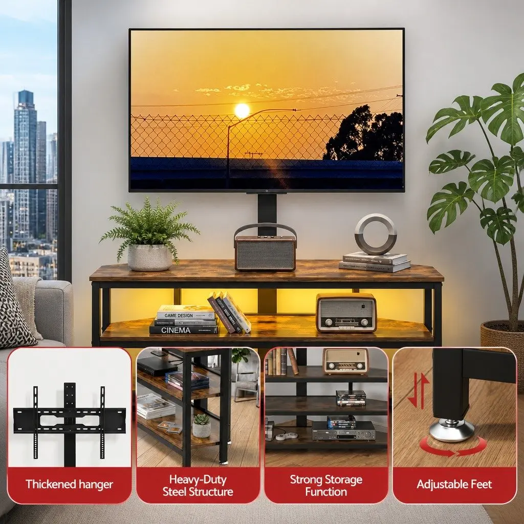 Corner TV Stand Steel Frame MDF Shelves 32-70 Inch Black