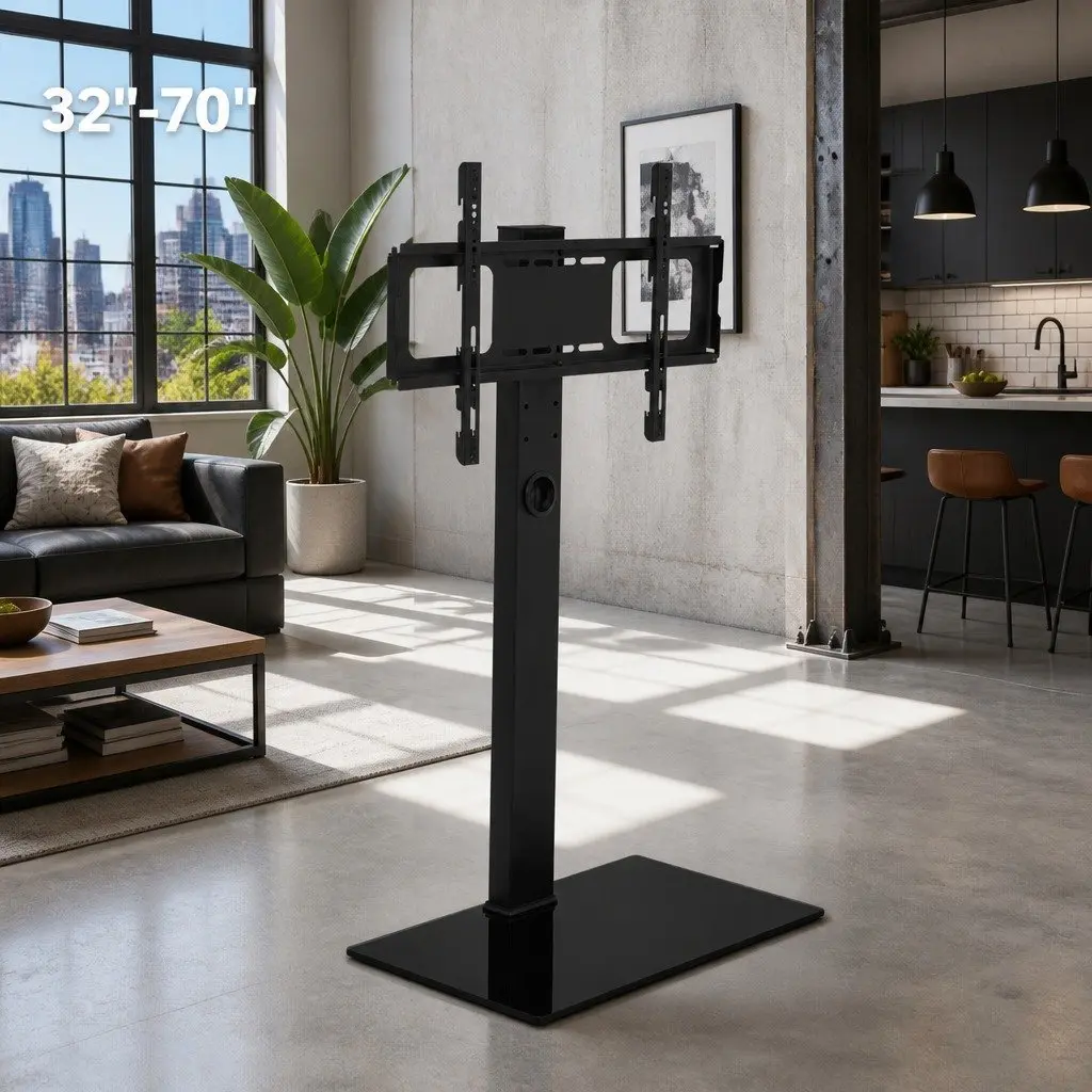 TV Floor Stand Mount Bracket Black Tempered Glass Adjustable Height 32 to 70 Inch