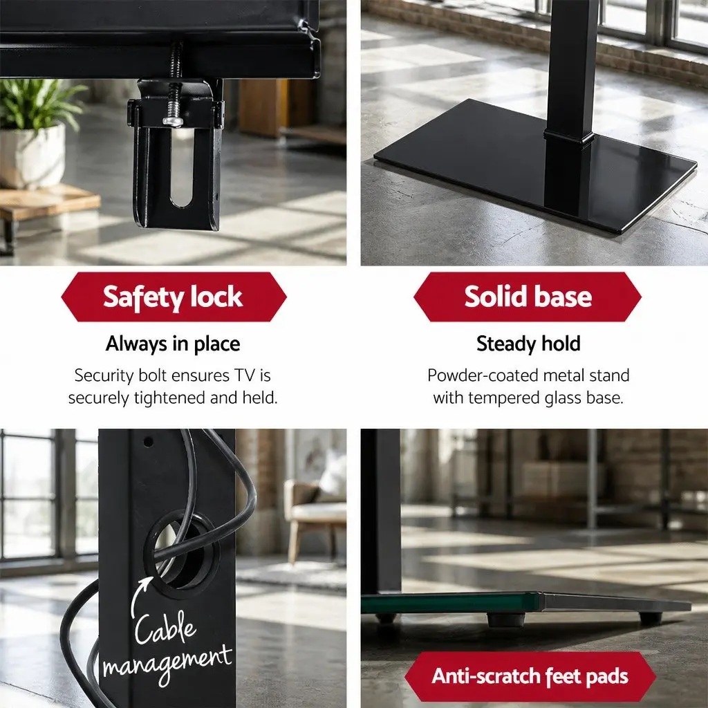 TV Floor Stand Mount Bracket Black Tempered Glass Adjustable Height 32 to 70 Inch