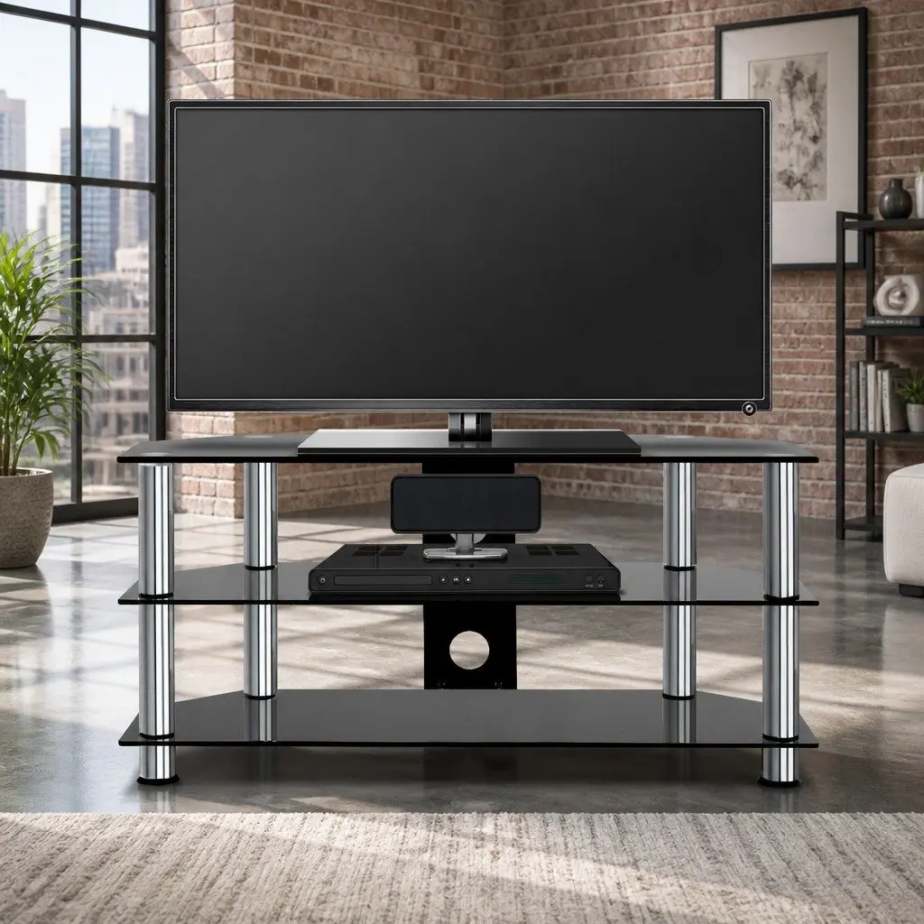 3-Tier TV Stand with Tempered Glass and Steel Frame