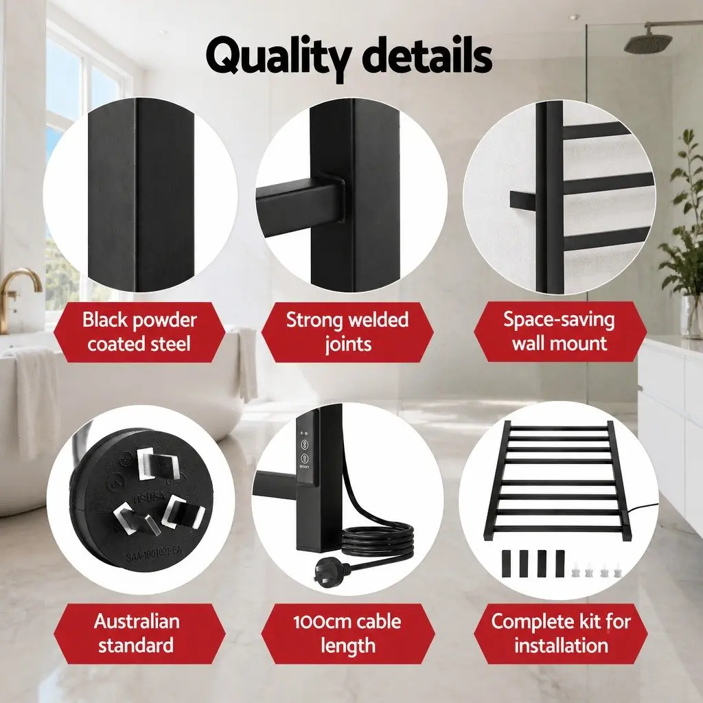 Heated Towel Rail Carbon Steel 8 Square Bars Black Wall Mounted