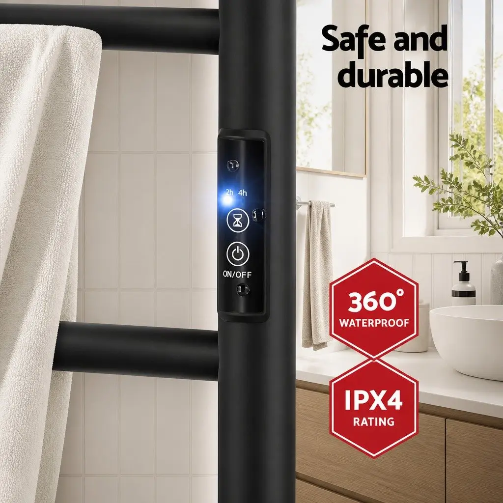 Heated Towel Rail Carbon Steel 6 Round Bars Electric Warmer Rack Black