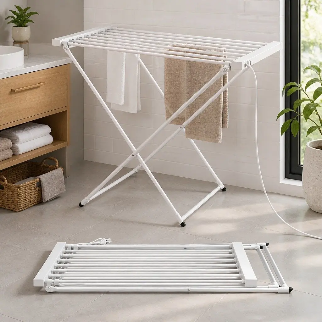 Silver Foldable Heated Towel Rail Electric Clothes Airer
