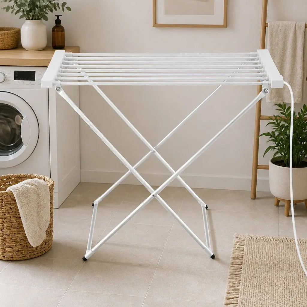 Silver Foldable Heated Towel Rail Electric Clothes Airer