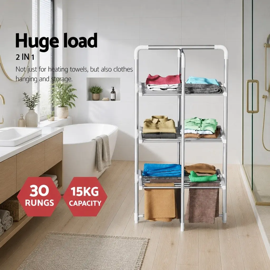Electric Heated Towel Rail Rack Aluminium 71.5cm x 71.5cm x 143cm Silver
