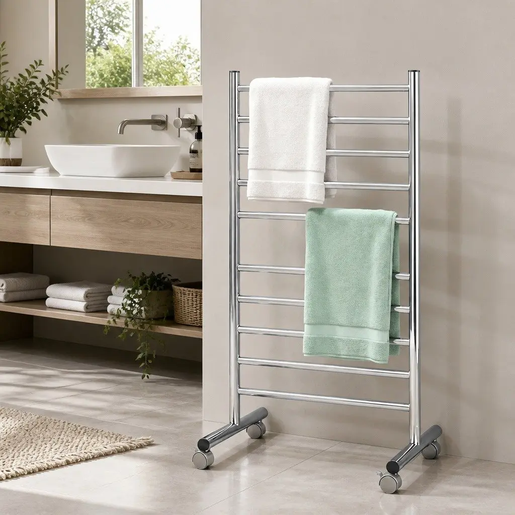 Heated Towel Rail Stainless Steel 10-Bar Freestanding 53cm x 39cm x 98cm Silver