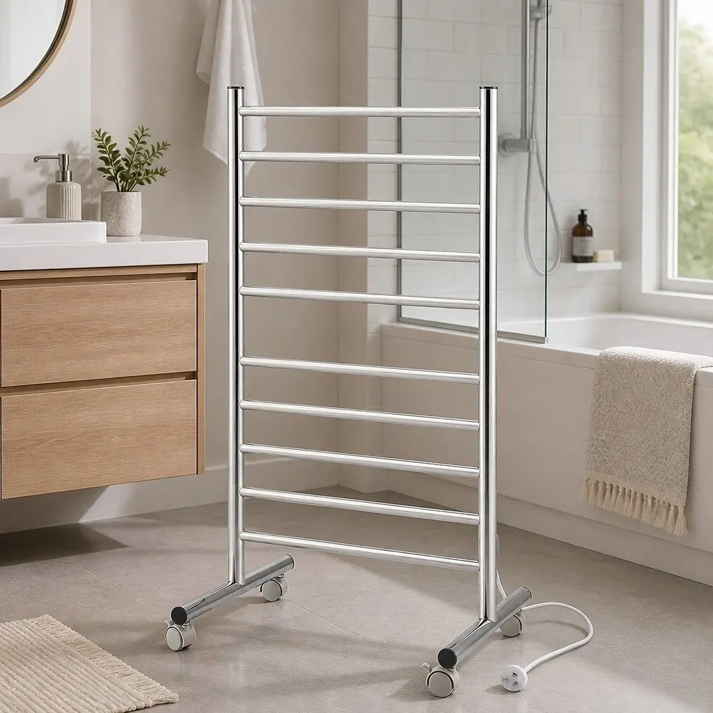 Heated Towel Rail Stainless Steel 10-Bar Freestanding 53cm x 39cm x 98cm Silver
