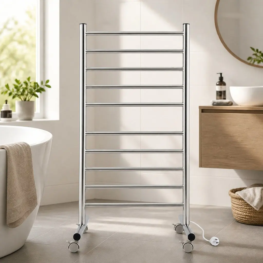 Heated Towel Rail Stainless Steel 10-Bar Freestanding 53cm x 39cm x 98cm Silver